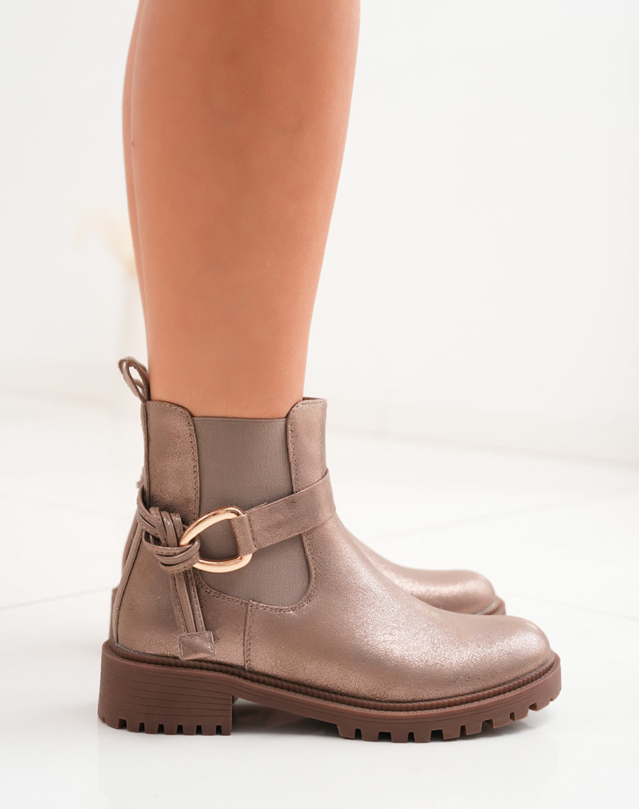 Bottines basses femme bronze irisé bi-matière avec boucle et semelle crantée