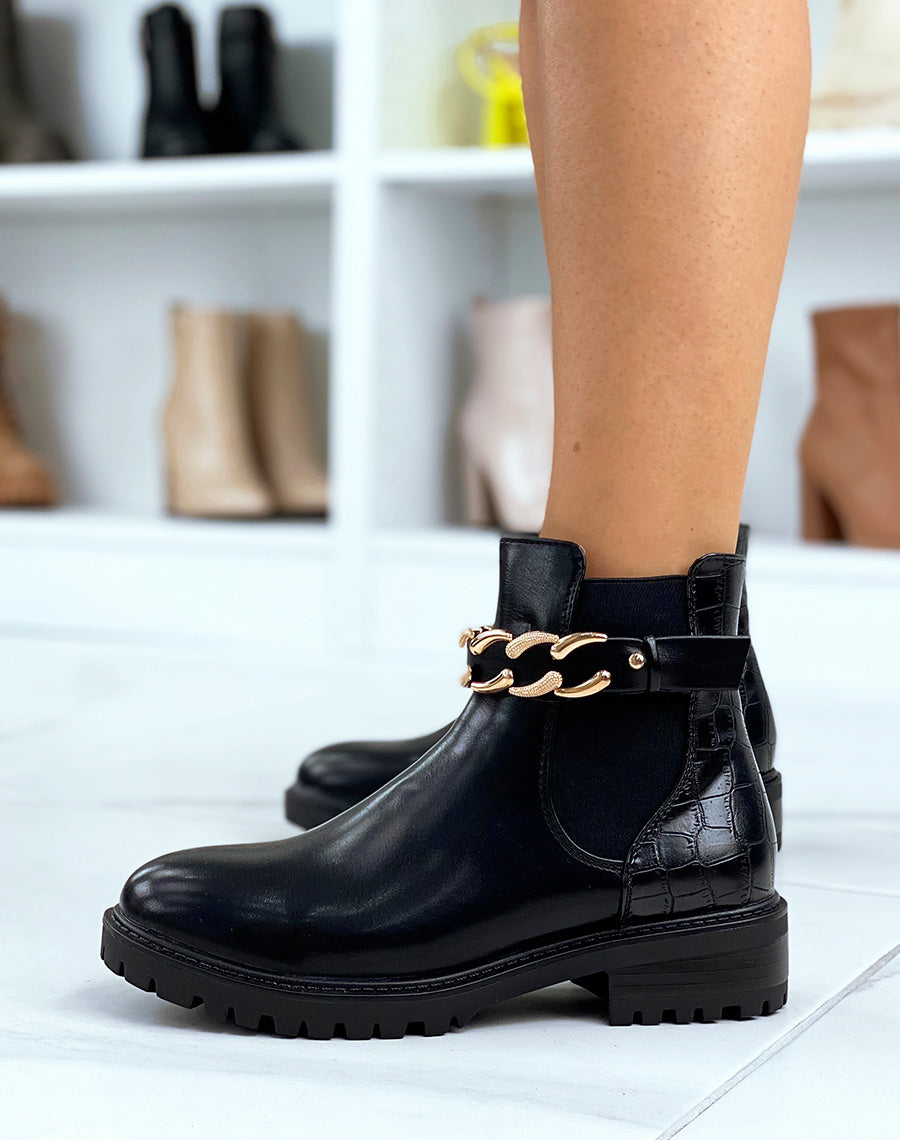 Bottines basses noires à détail doré et effet croco