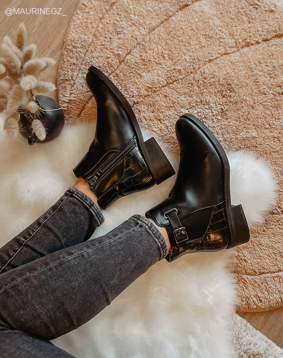 Bottines basses noires effet croco