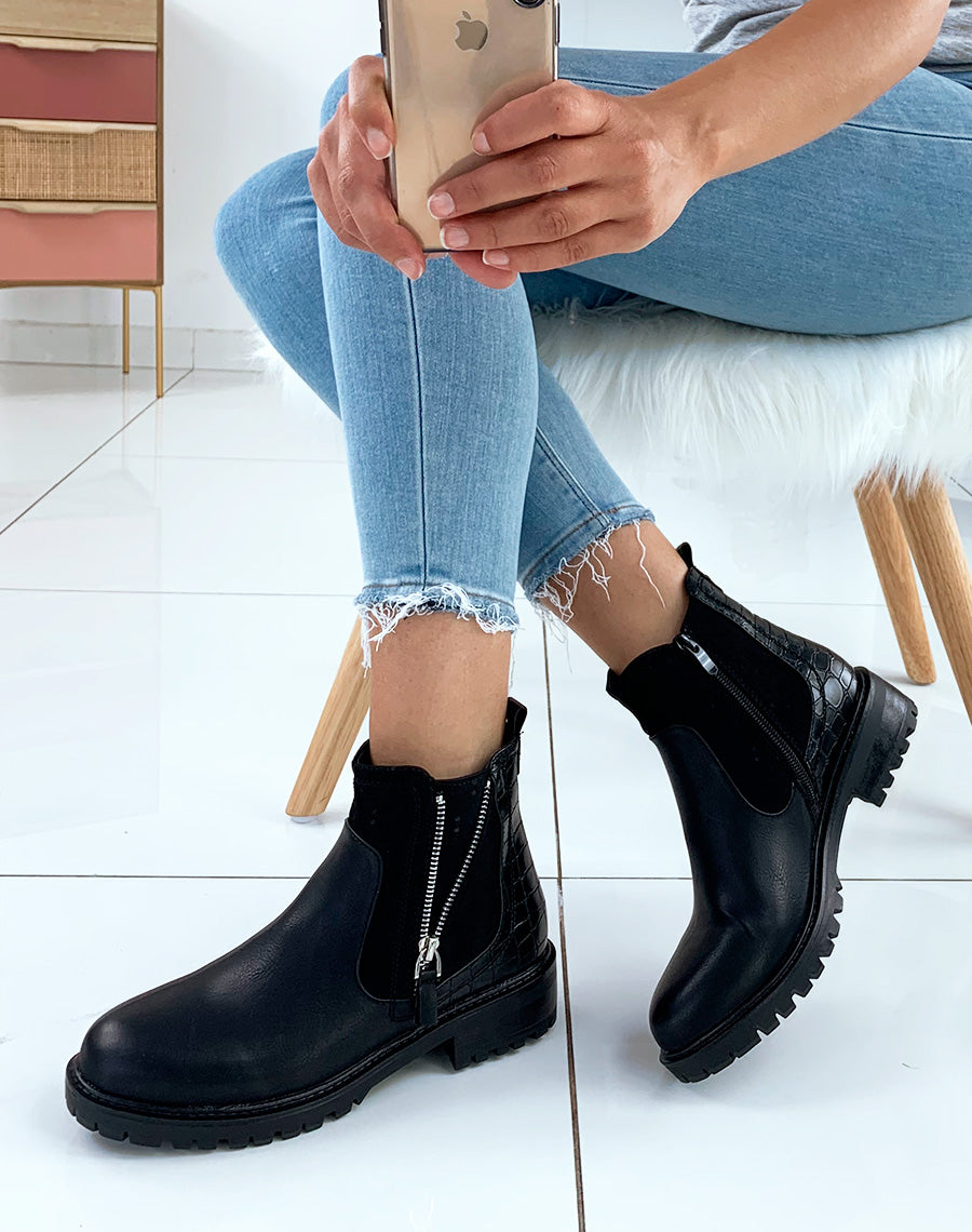 Bottines basses noires en bi-matières à détails fermetures argentées
