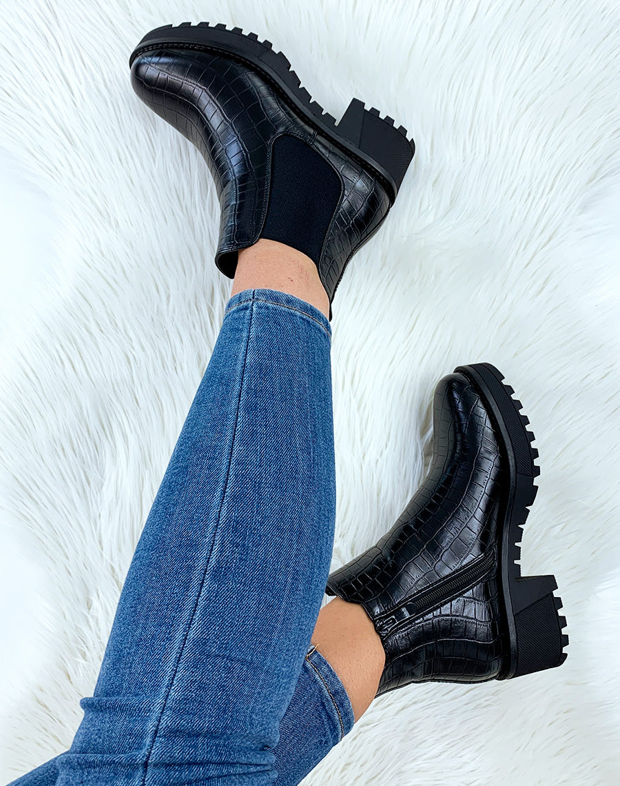 Bottines basses noires à talon mi-haut effet croco