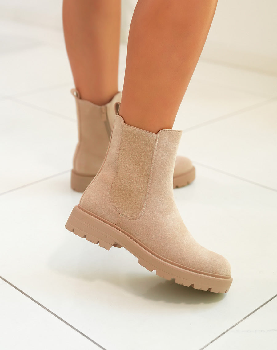 Bottines Beige en Suédine Style Chelsea avec Élastique Doux pour Femme