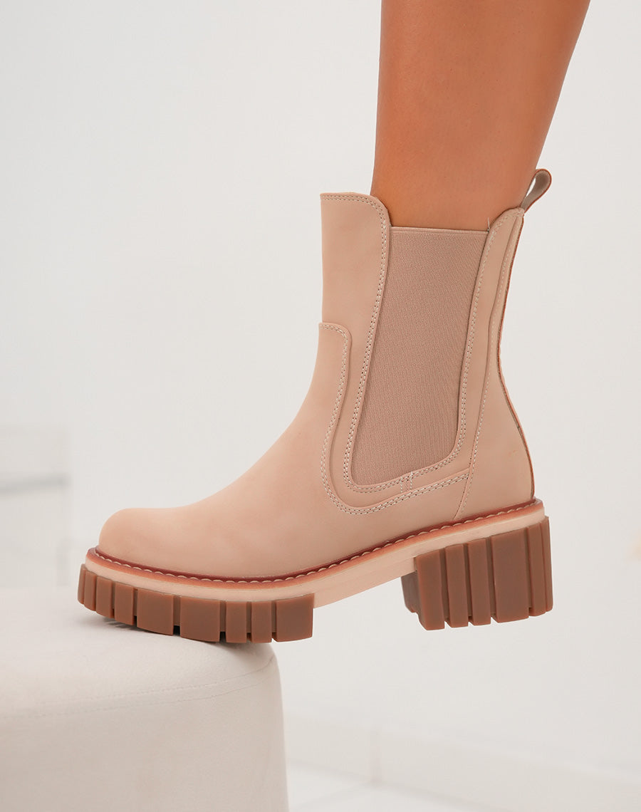 Bottines beige foncé à semelle marron et liseré camel