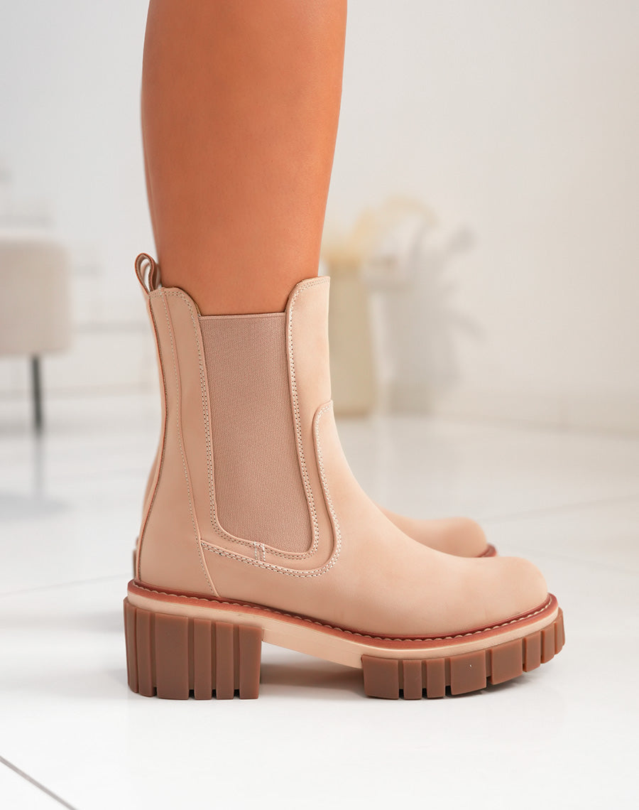Bottines beige foncé à semelle marron et liseré camel