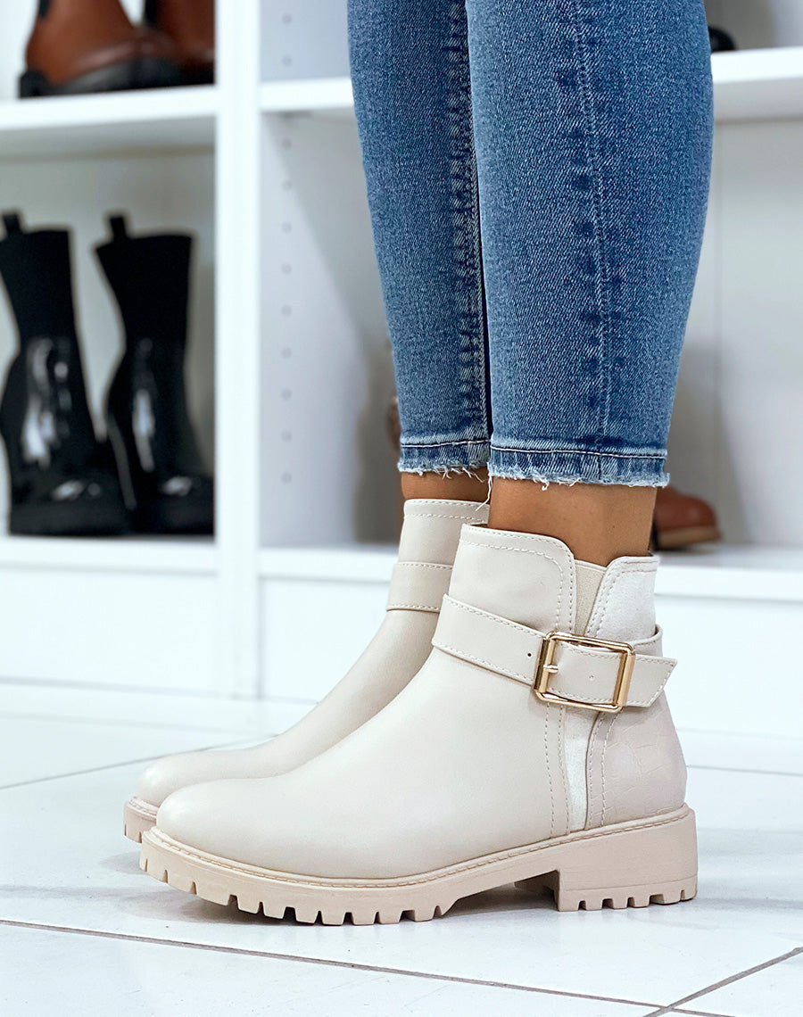 Bottines beiges avec élastique échancré et effet croco