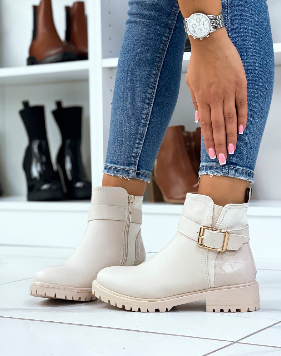 Bottines beiges avec élastique échancré et effet croco