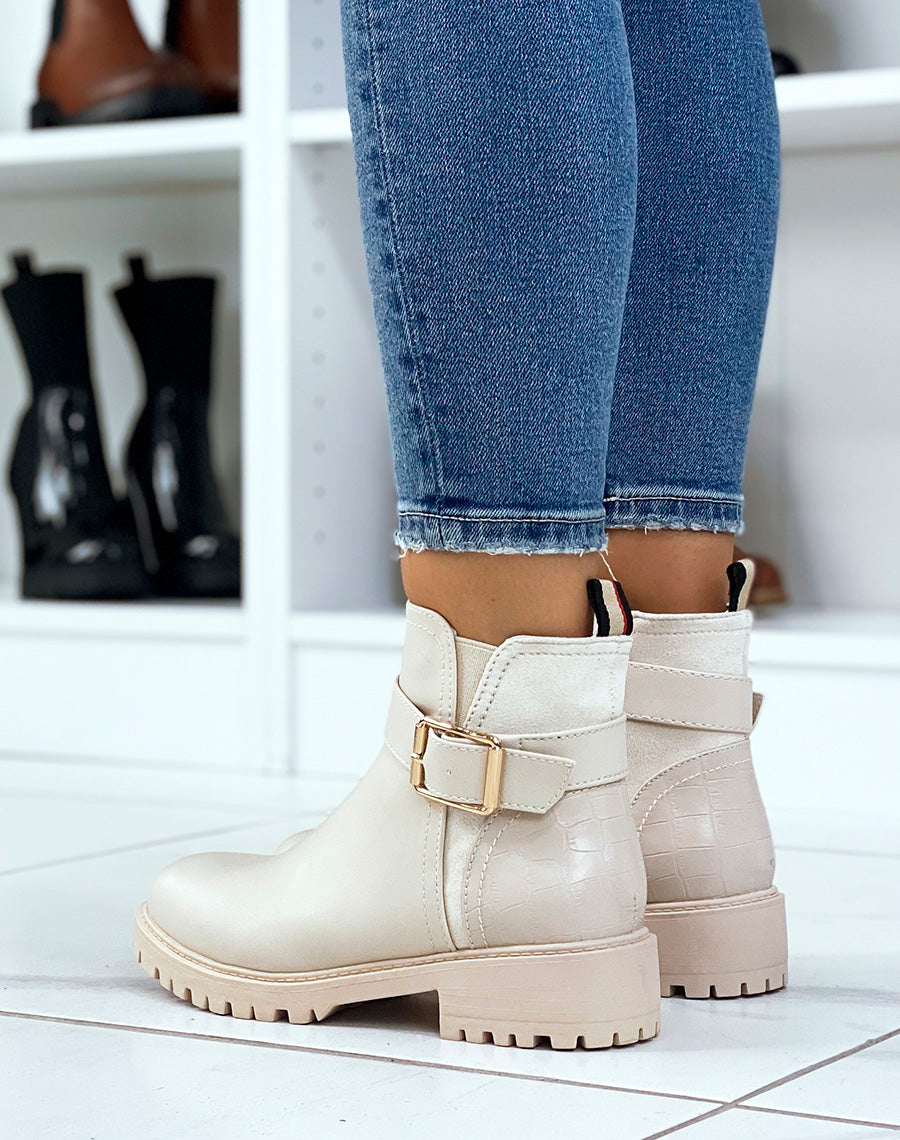 Bottines beiges avec élastique échancré et effet croco