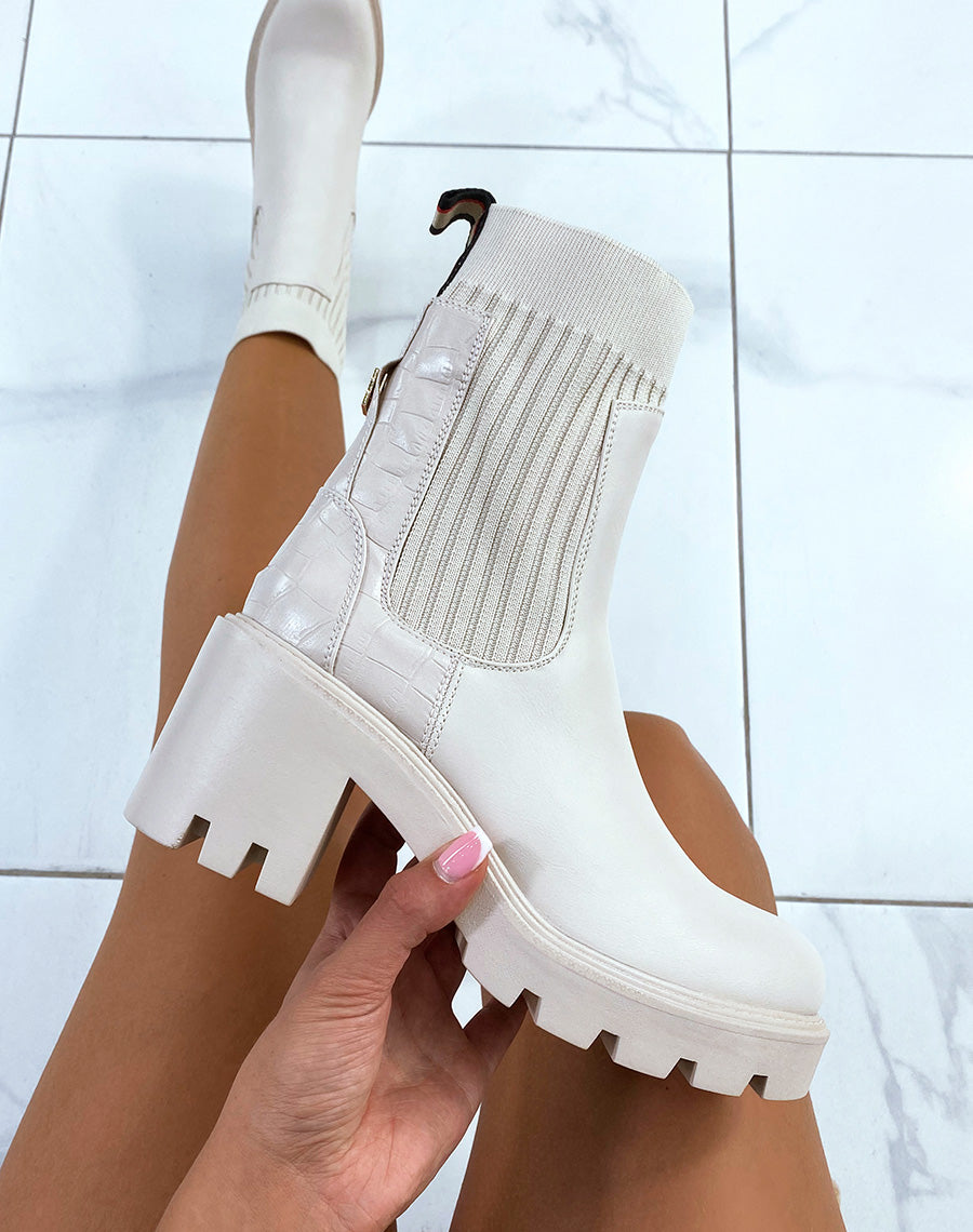 Bottines beiges bi-matière style chelsea à talon