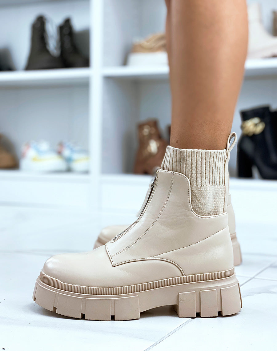 Bottines beiges effet chaussette à zip avant et semelle épaisse