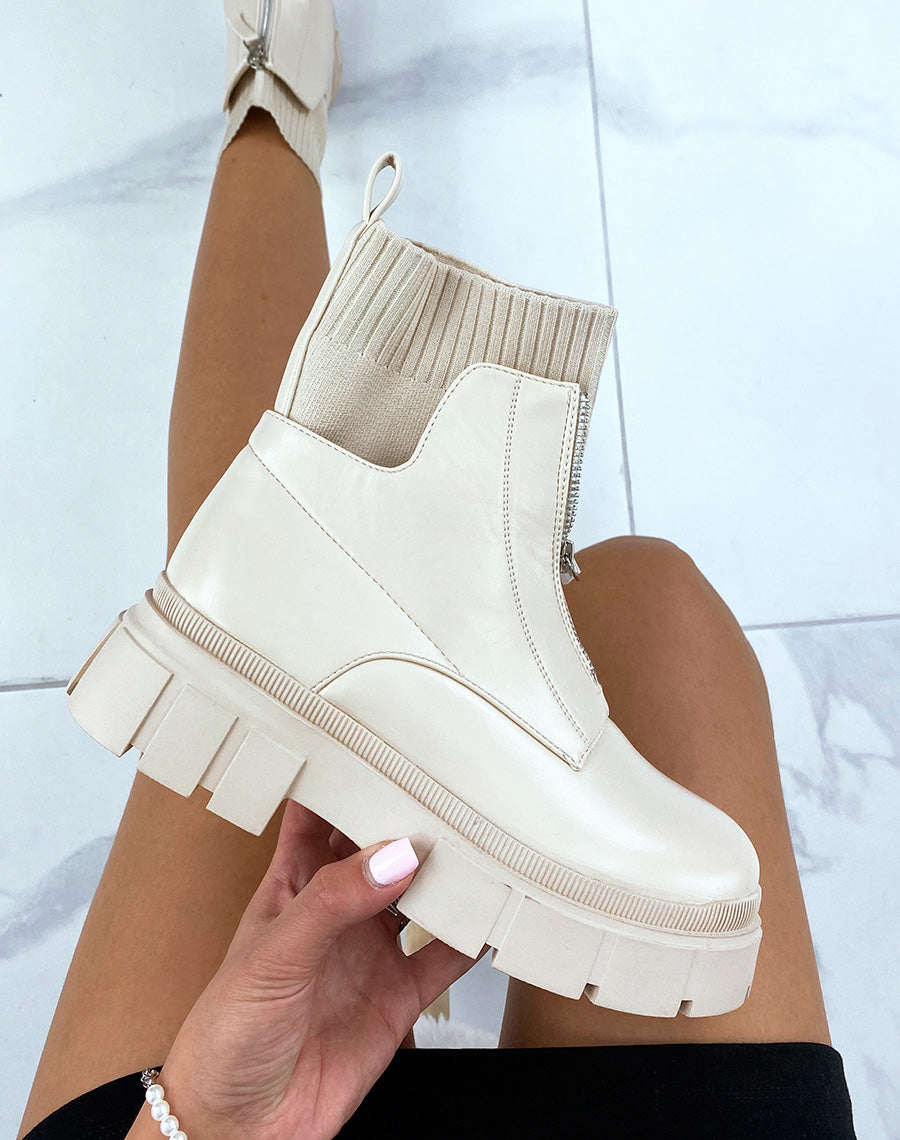 Bottines beiges effet chaussette à zip avant et semelle épaisse