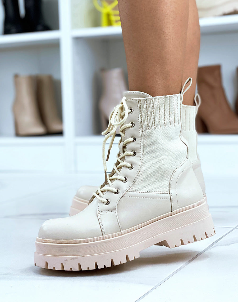 Bottines beiges montantes bi-matières