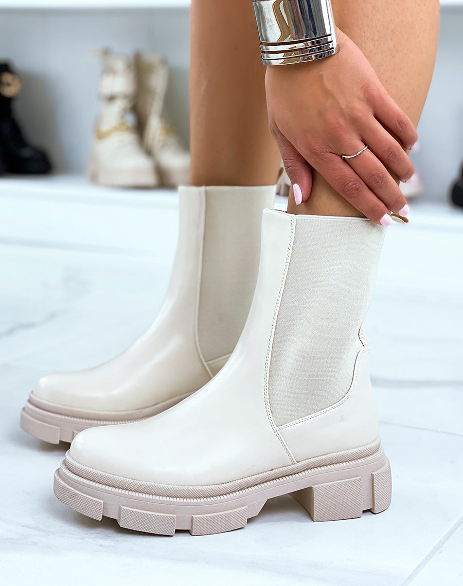 Bottines beiges montantes à élastiques et semelle crantée