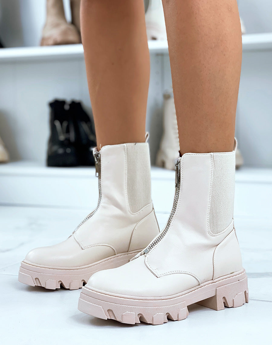 Bottines beiges montantes zipées