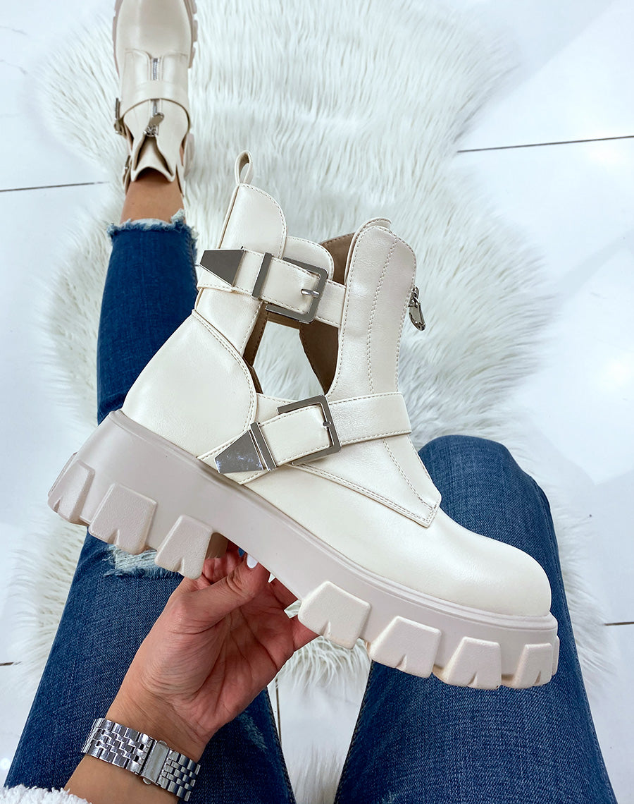 Bottines beiges ouvertes à double lanières et zip