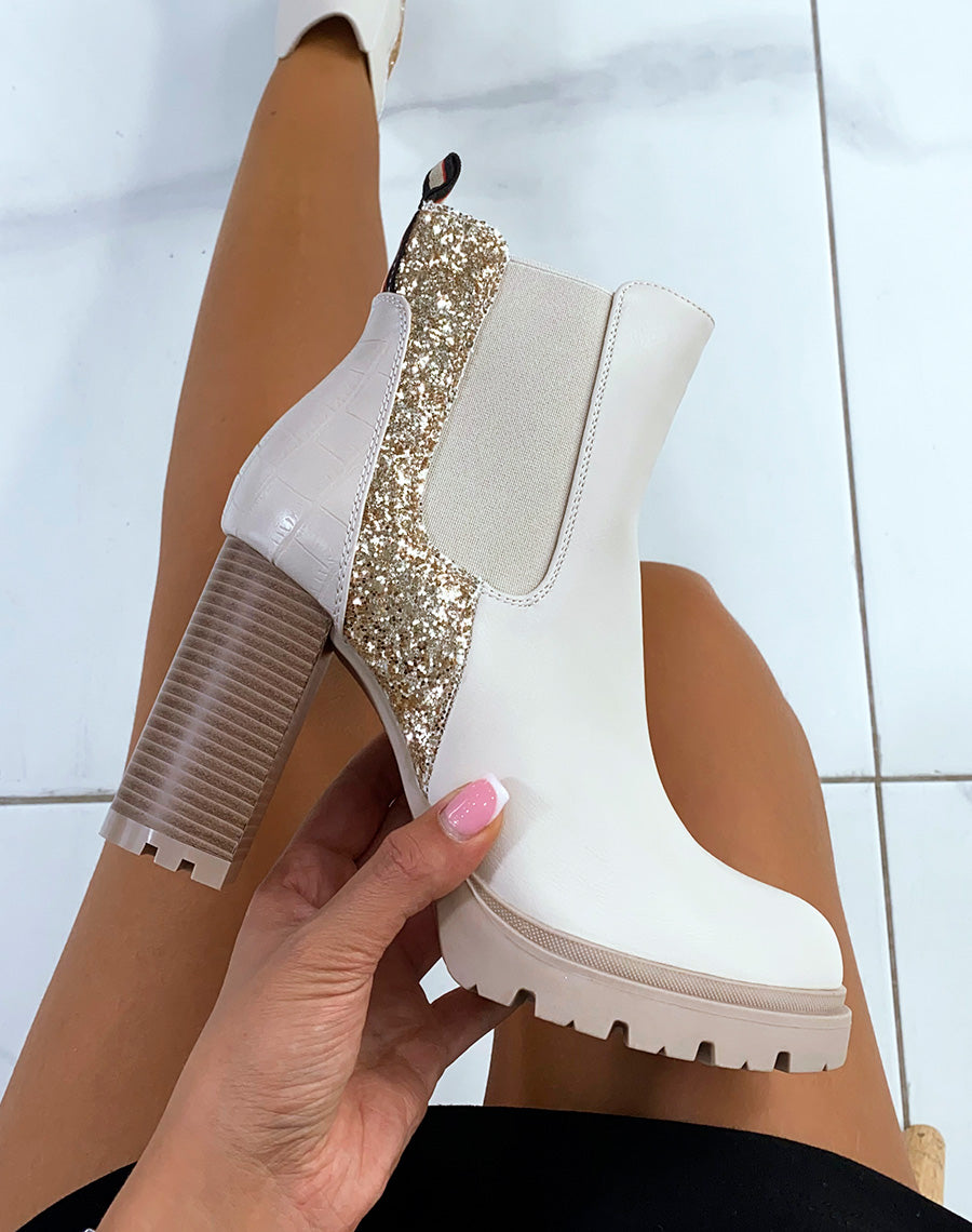 Bottines beiges à talon et à multiples effets pailletés et croco