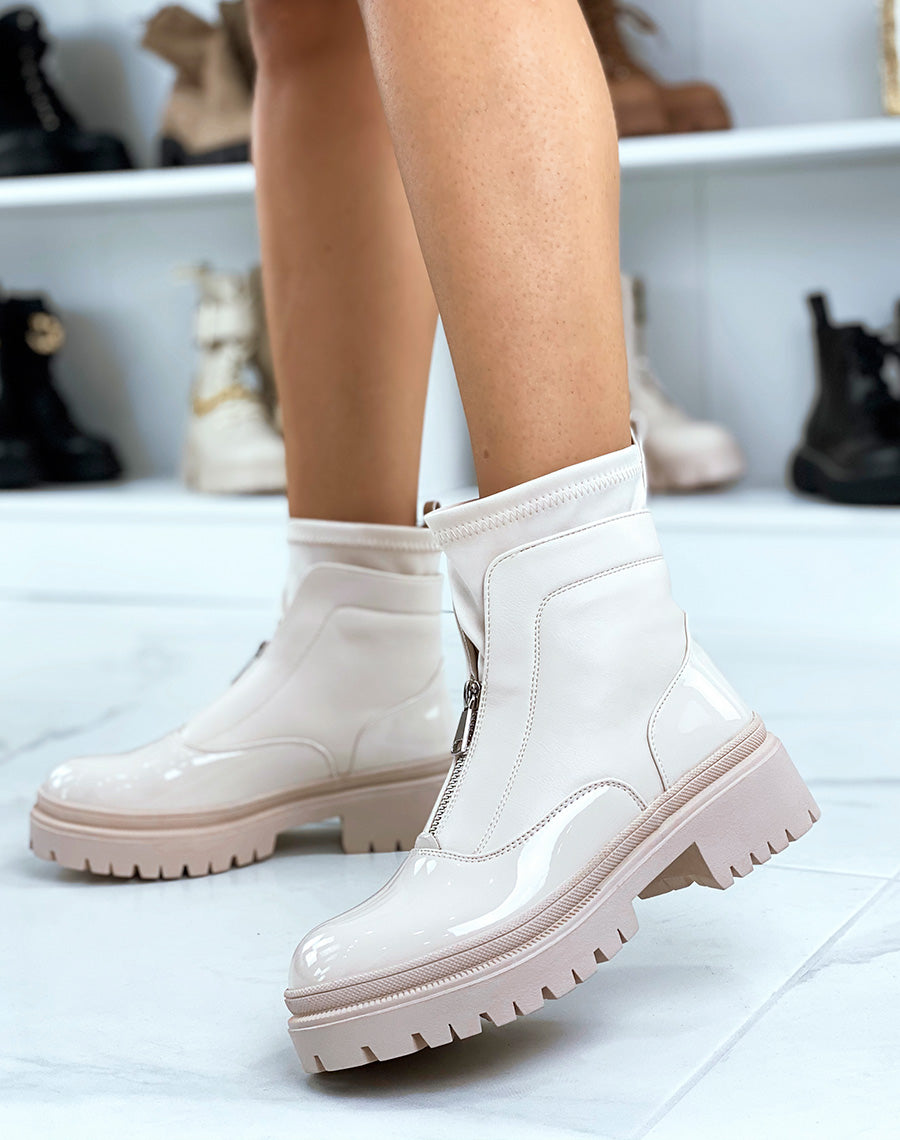Bottines beiges vernies effet chaussette zipées et talonnées