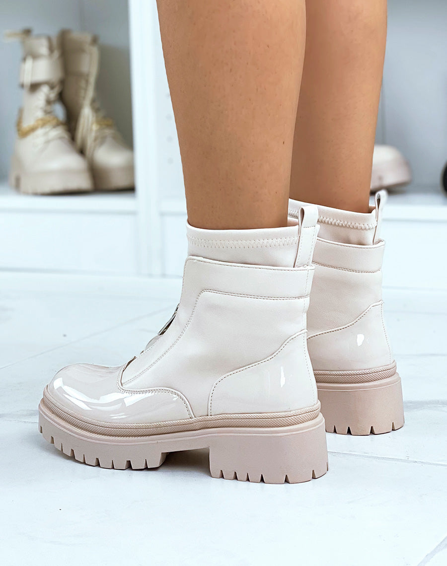 Bottines beiges vernies effet chaussette zipées et talonnées