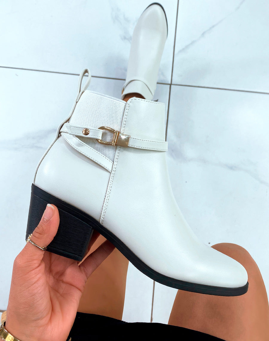 BOTTINES BI-MATIÈRE BEIGE À TALONS MOYEN