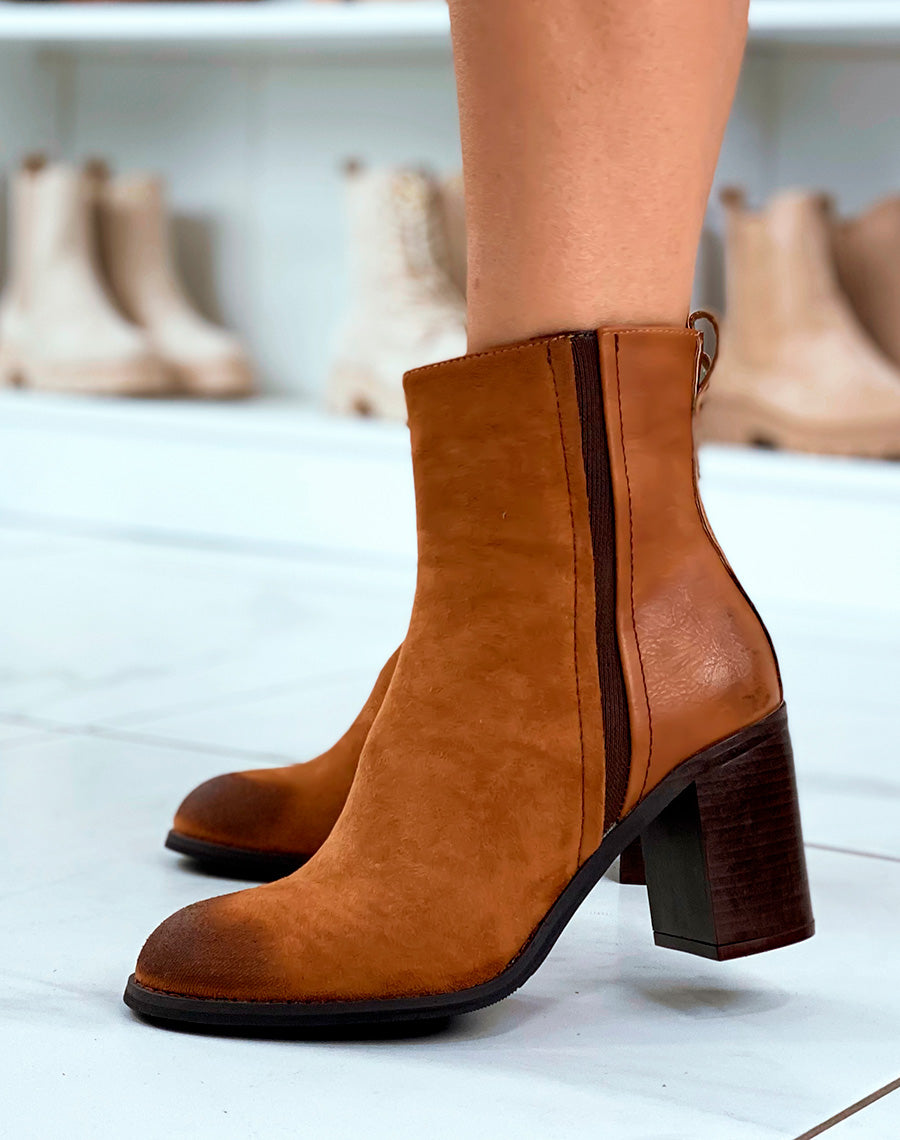 BOTTINES BI-MATIÈRE CAMEL EN SUÉDINE À TALONS POUR FEMME
