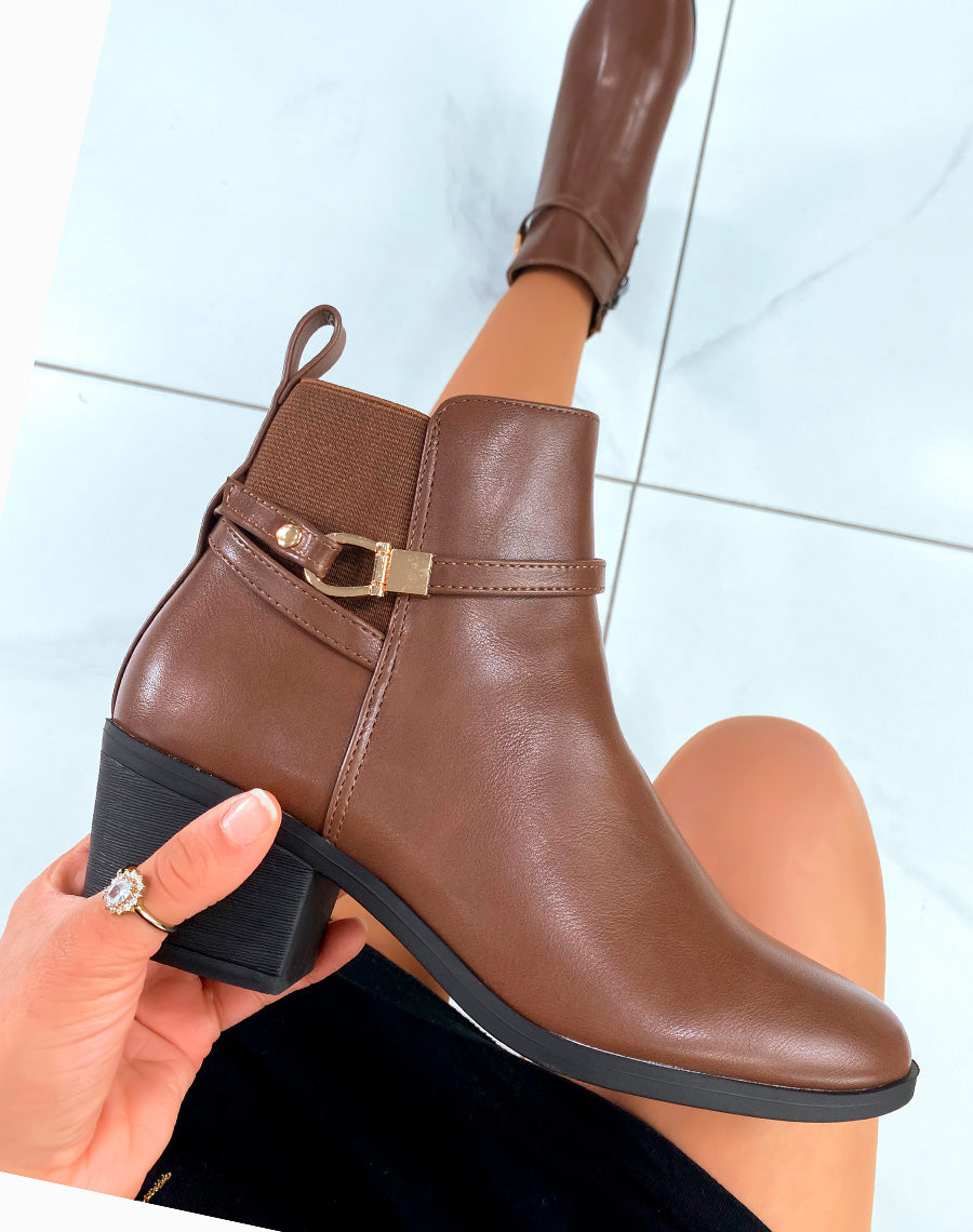 BOTTINES BI-MATIÈRE MARRON À TALONS MOYEN