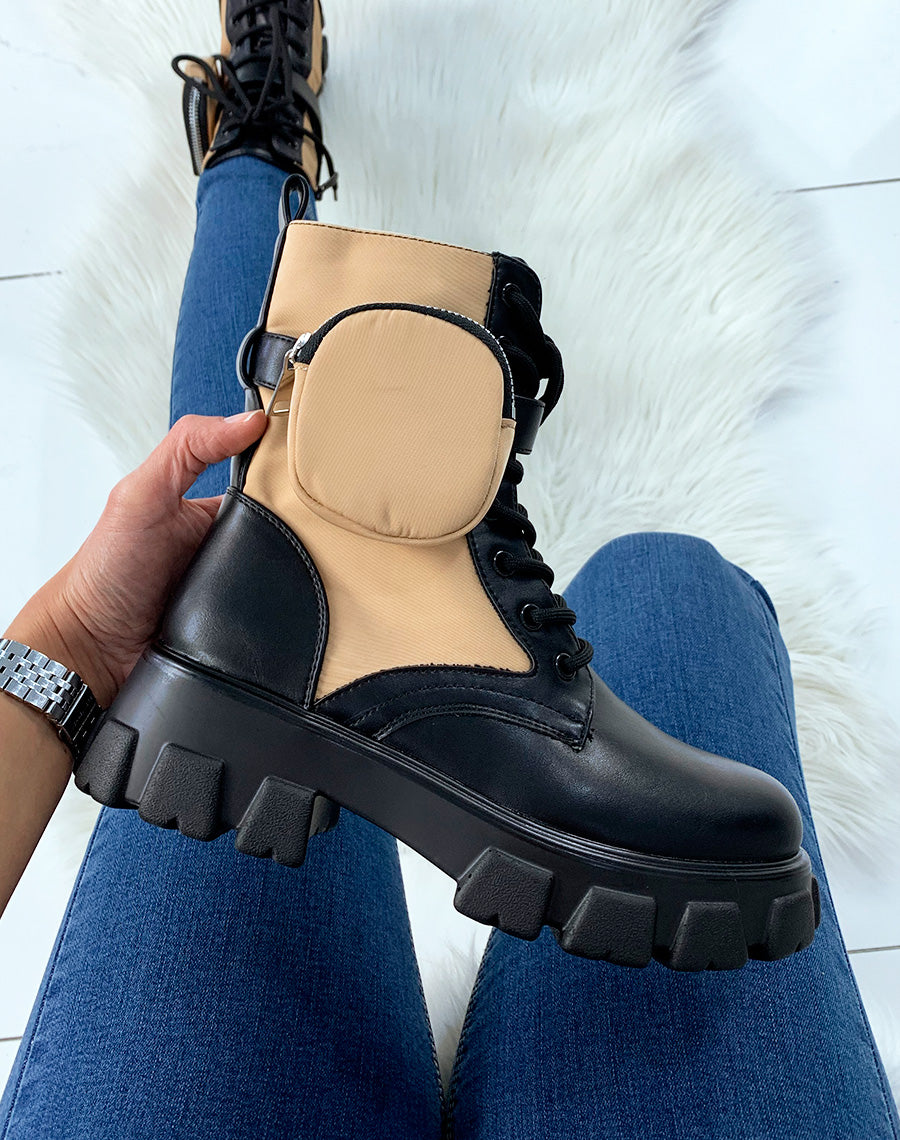 Bottines bi-matière noires et beiges semelles crantées à pochette