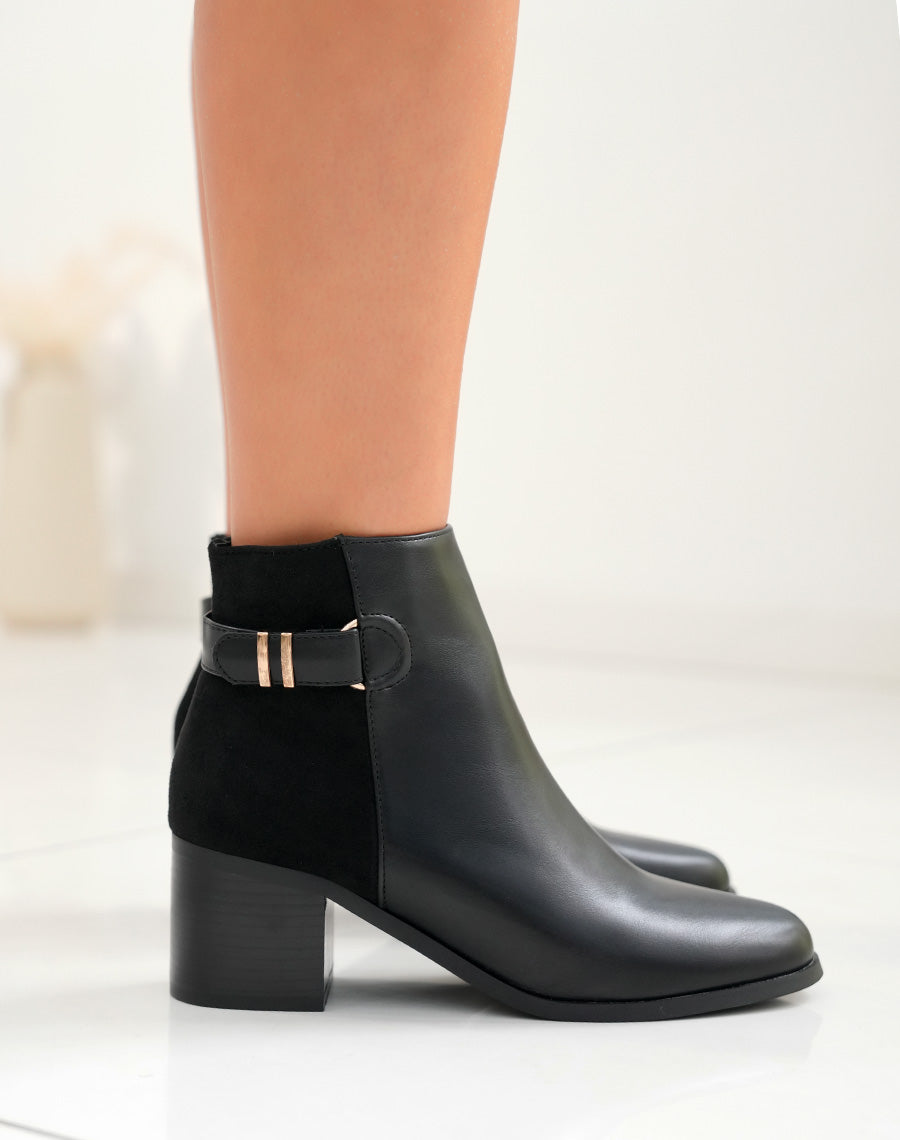 Bottines Bi-Matière Noires à Talon avec Sangle Dorée - La Polyvalence au Service du Style