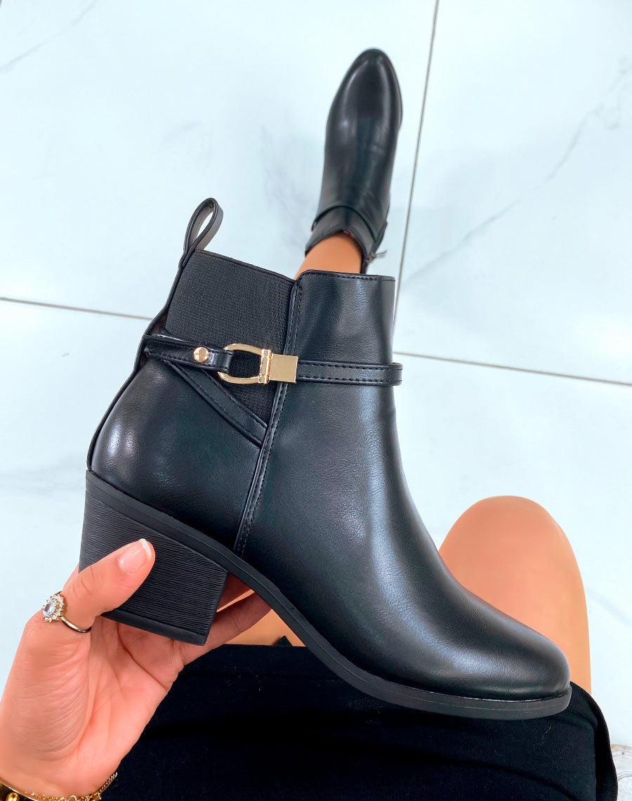 BOTTINES BI-MATIÈRE NOIRES À TALONS MOYEN