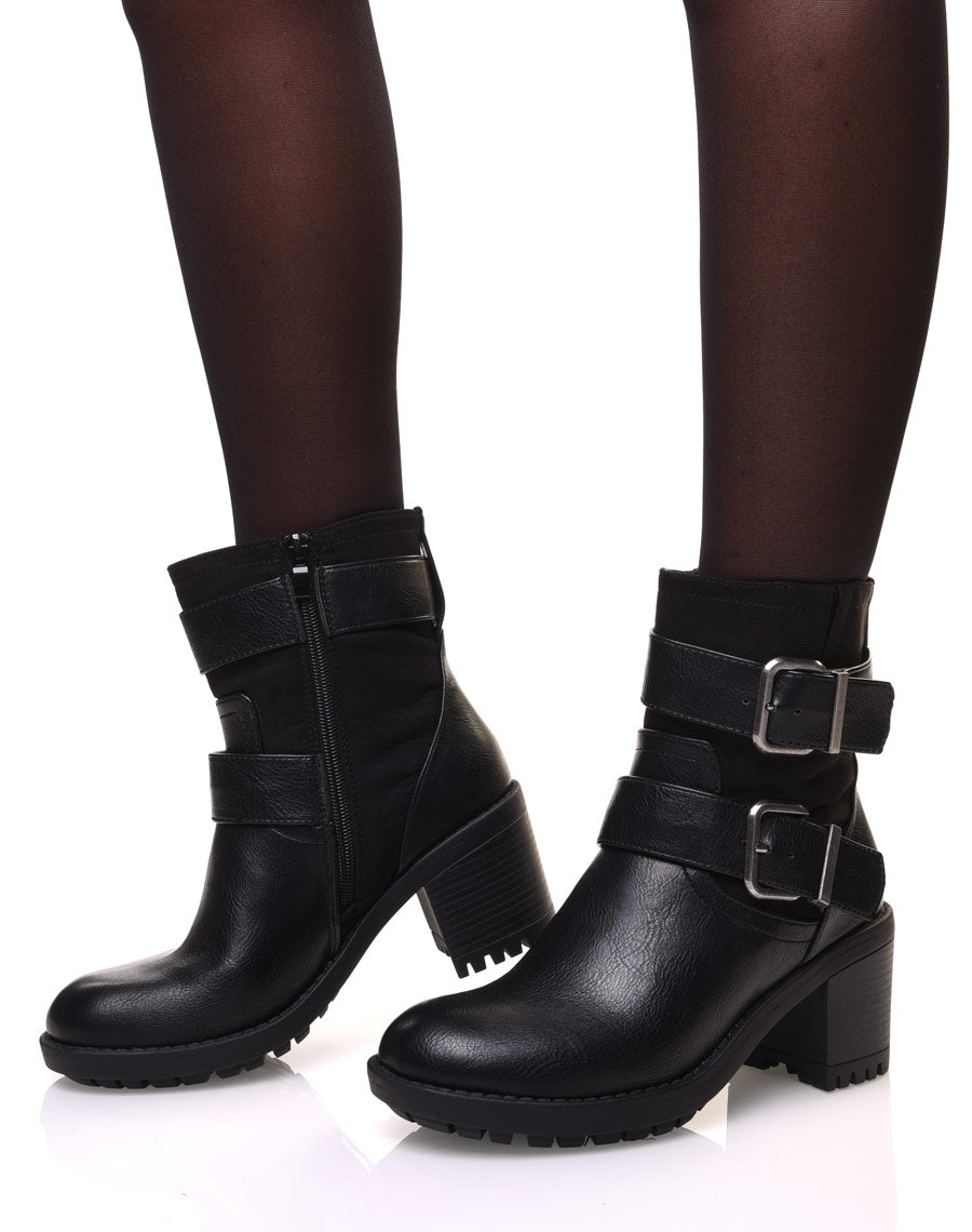 Bottines bi-matière à sangles noires à talon