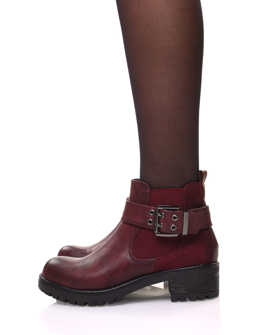 Bottines bi-matières bordeaux à semelle crantée
