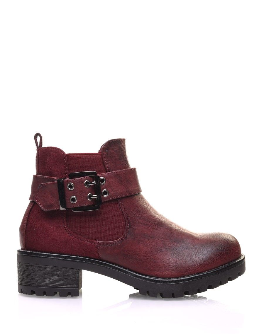 Bottines bi-matières bordeaux à semelle crantée