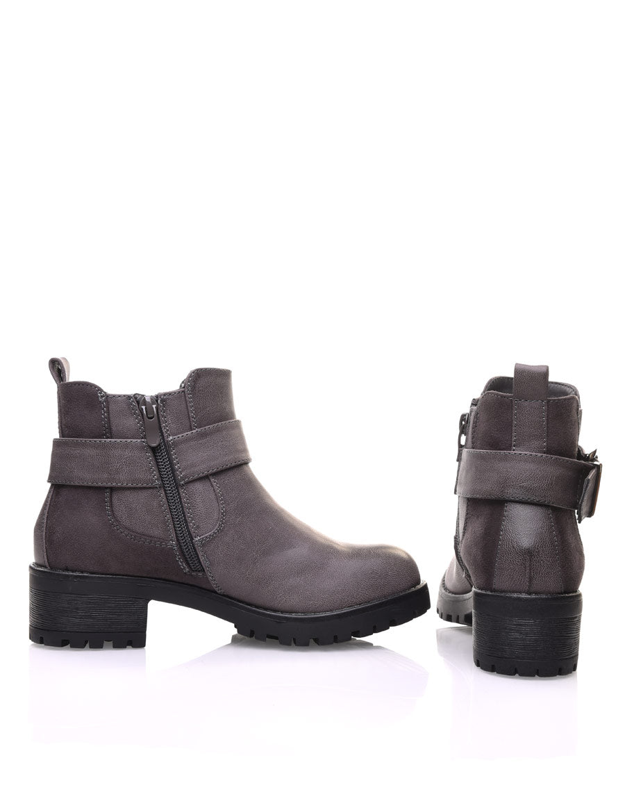 Bottines bi-matières grises à semelle crantée