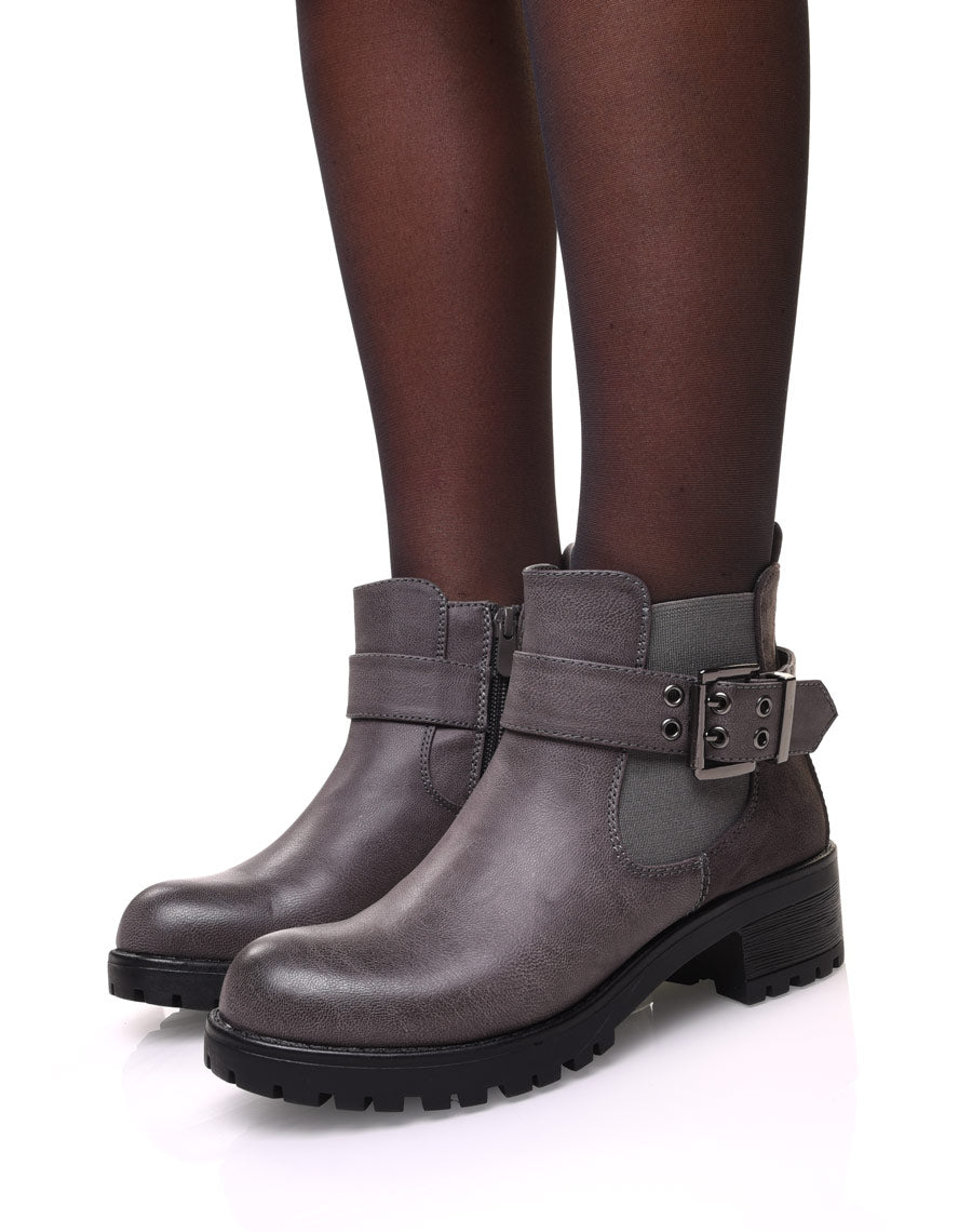 Bottines bi-matières grises à semelle crantée