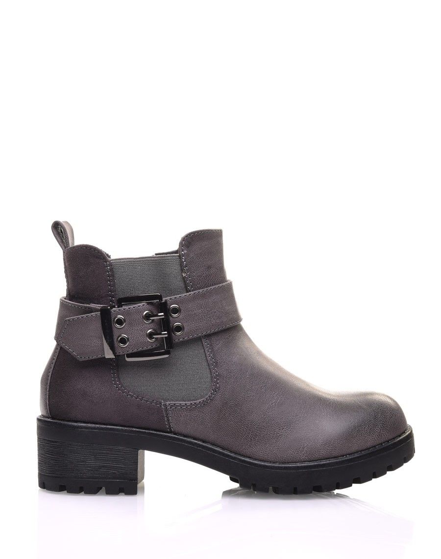 Bottines bi-matières grises à semelle crantée