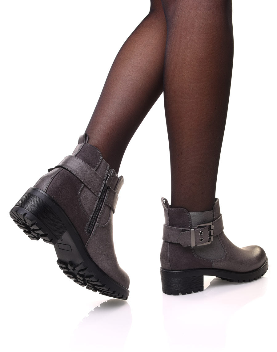 Bottines bi-matières grises à semelle crantée
