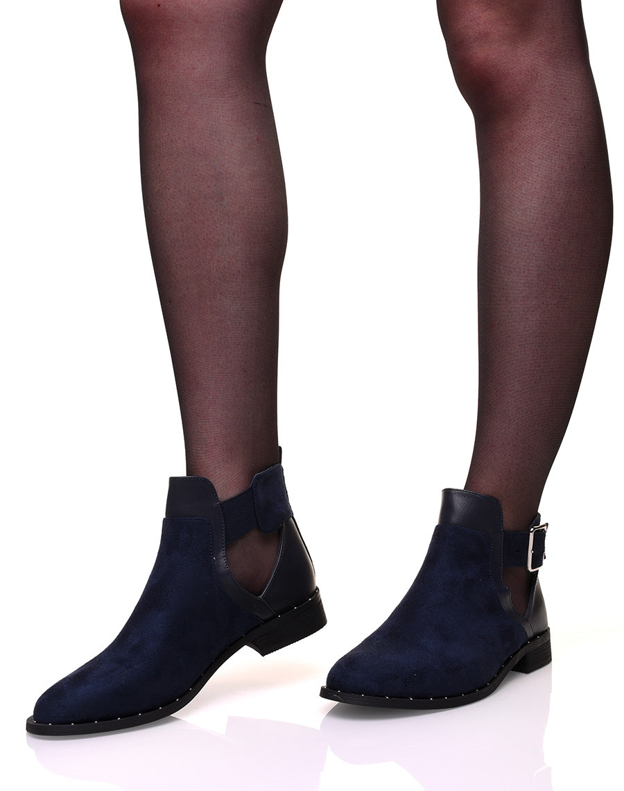 Bottines bleues bi-matières ajourées cloutés