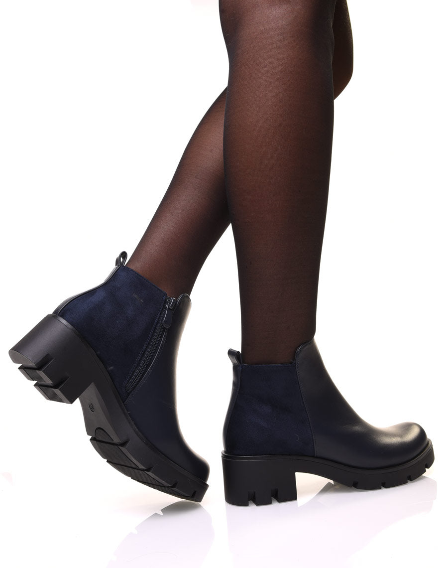 Bottines bleues bi matières à petit talon et semelle crantée