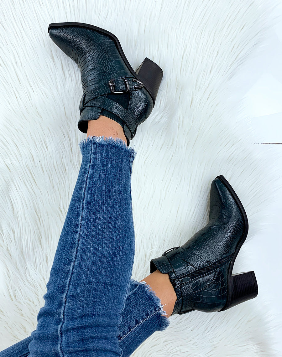 Bottines bleues à talons à effet croco et à doubles brides