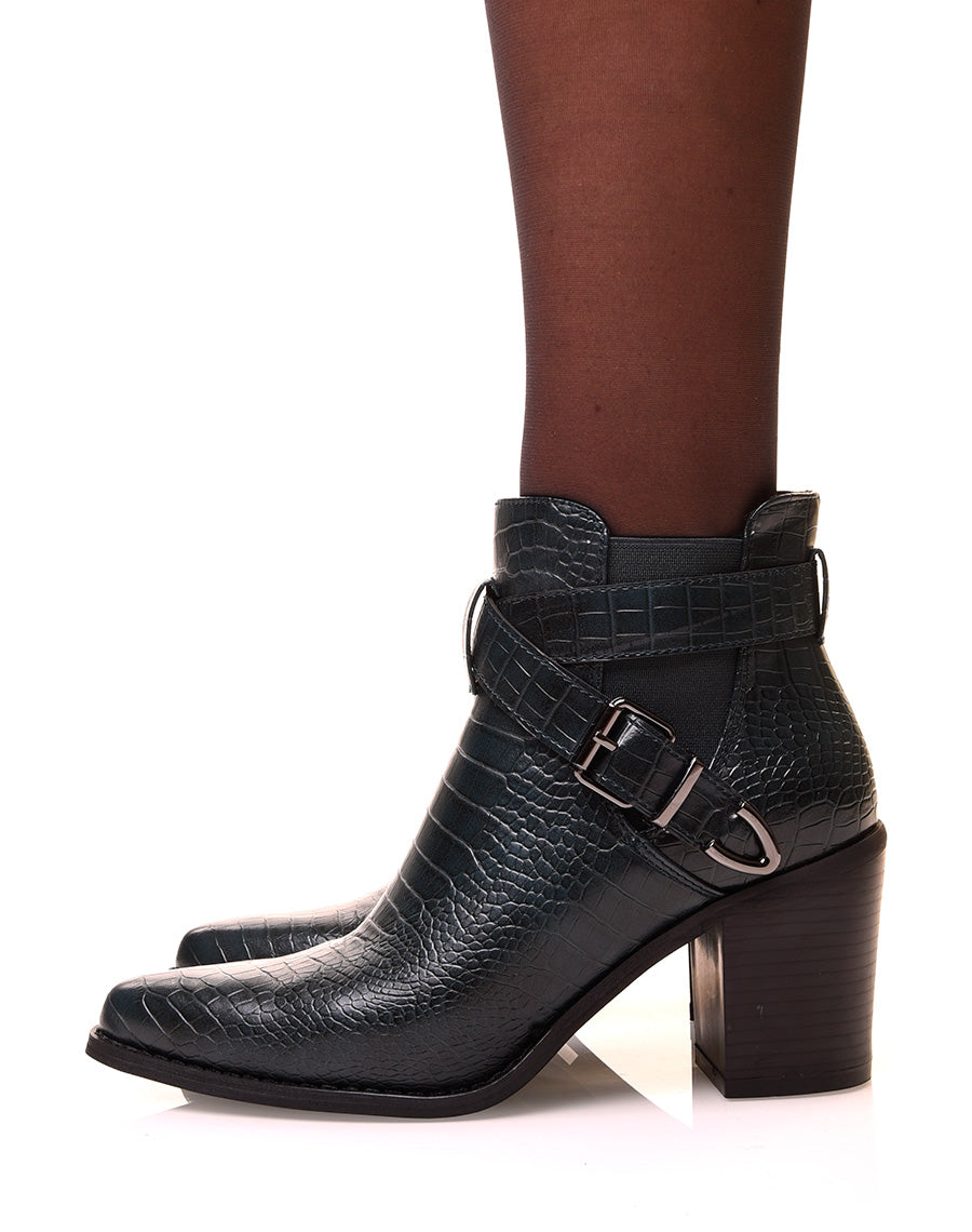Bottines bleues à talons à effet croco et à doubles brides