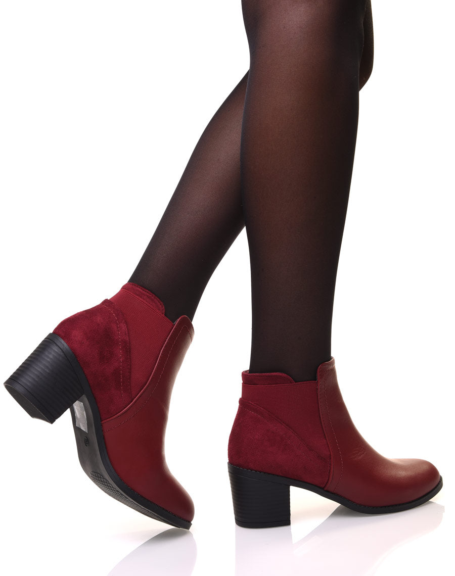 Bottines bordeaux bi-matière à talons