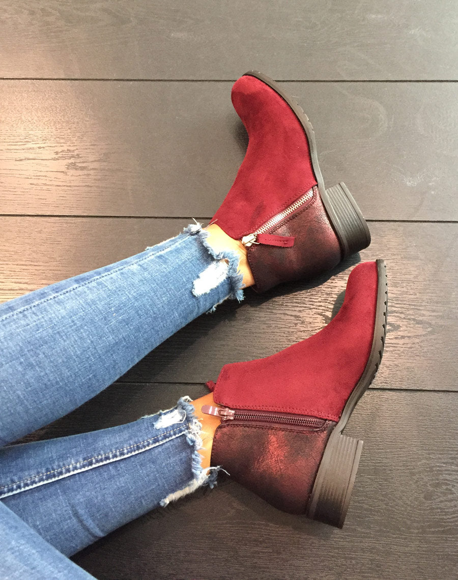 Bottines bordeaux bi-matières