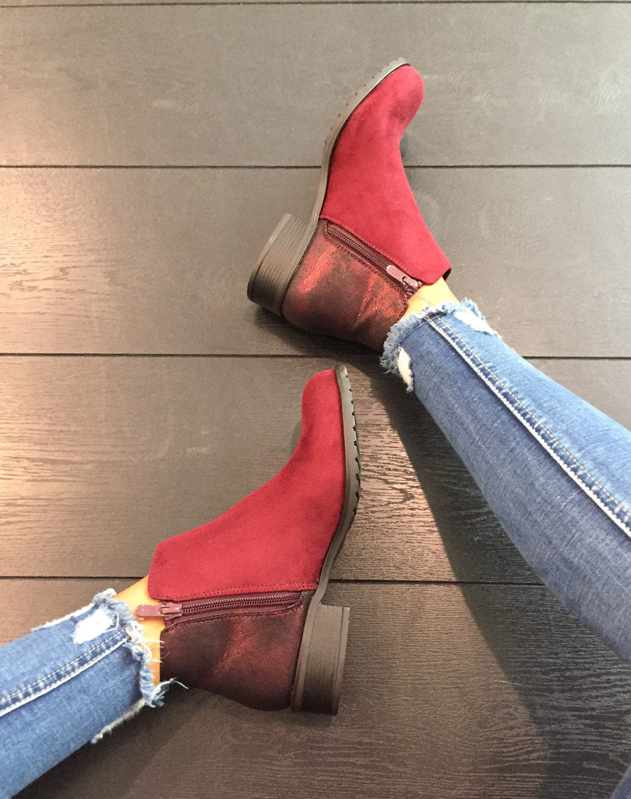 Bottines bordeaux bi-matières