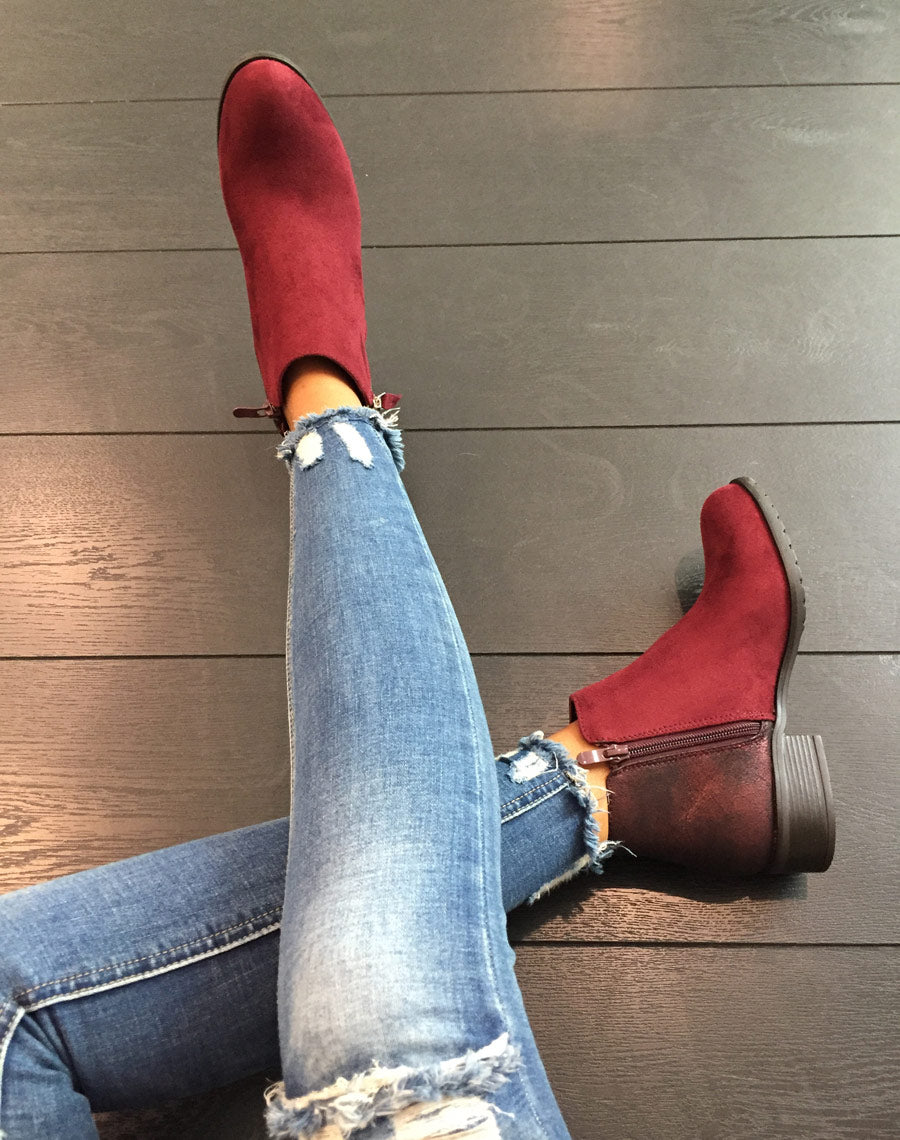 Bottines bordeaux bi-matières
