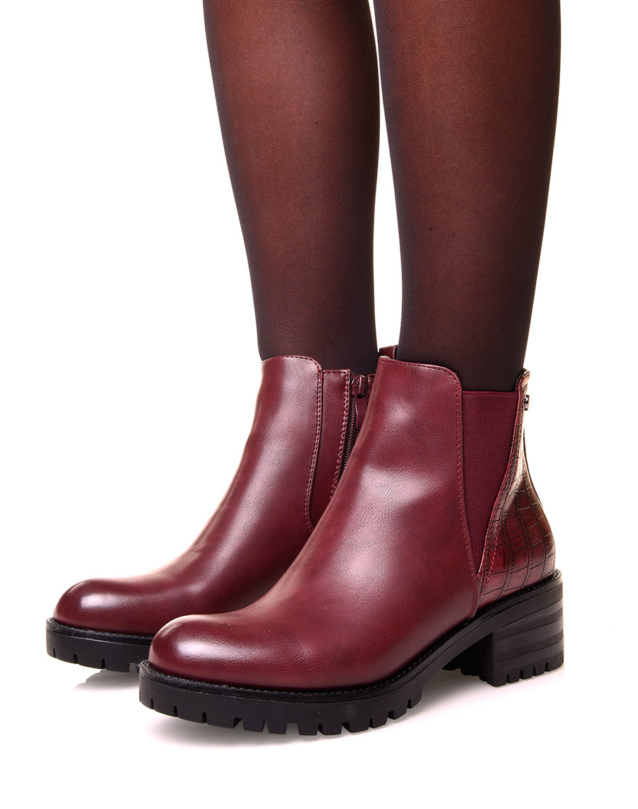 Bottines bordeaux bi-matières effet croco et élastique échancré