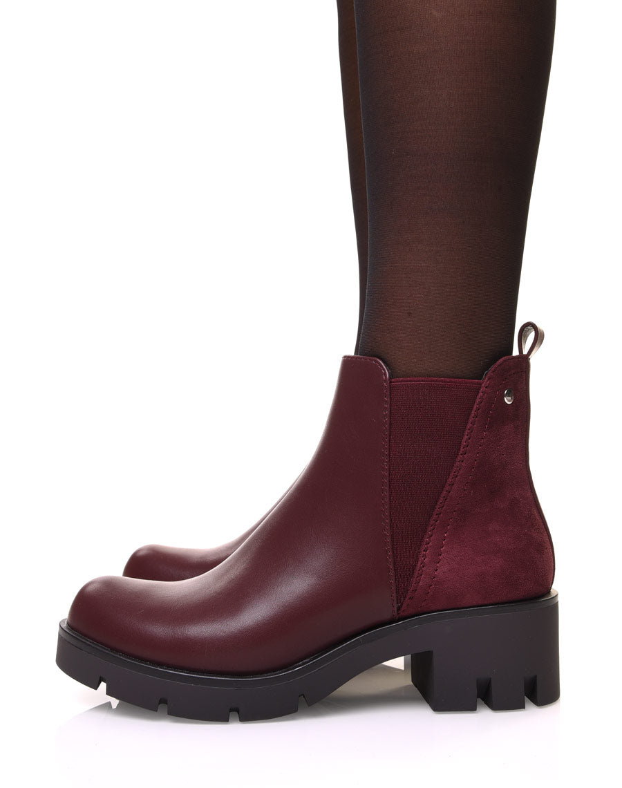Bottines bordeaux bi matières et élastique échancré