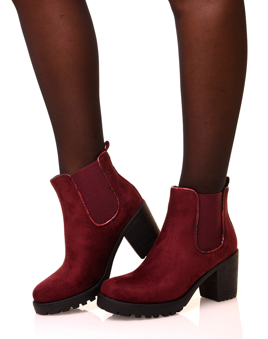 Bottines bordeaux en suédine à petit talon