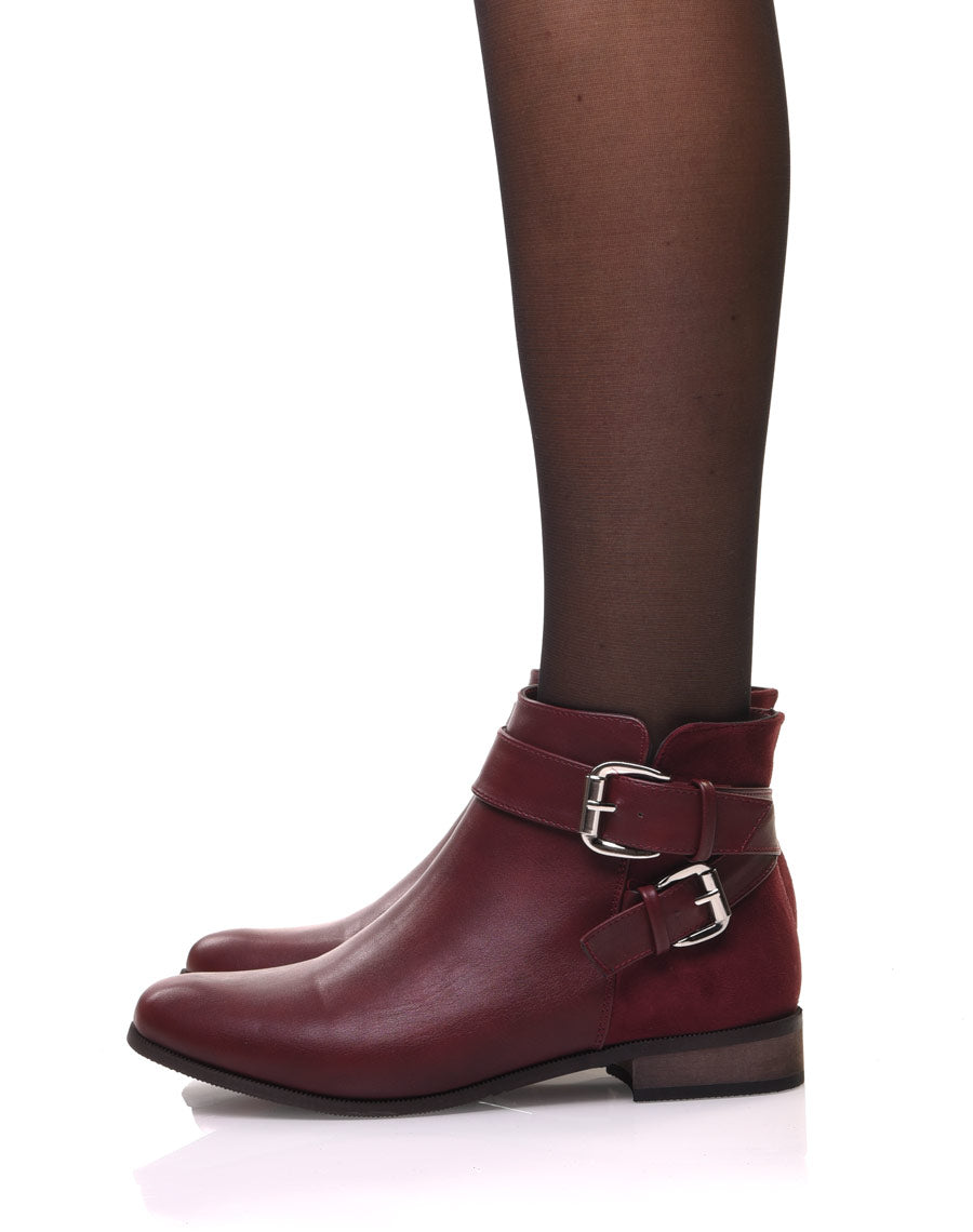 Bottines bordeaux plates lanières à sangles décoratives