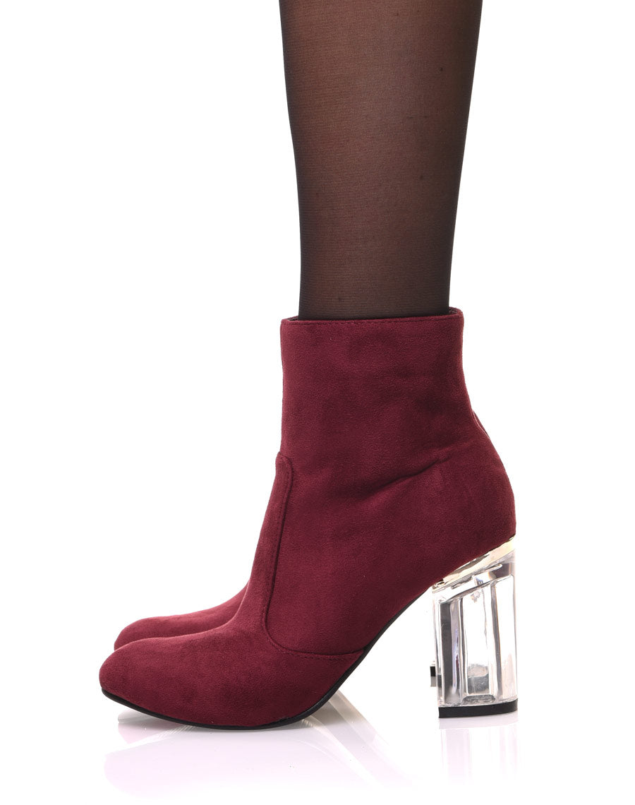 Bottines bordeaux suédine à talons transparents