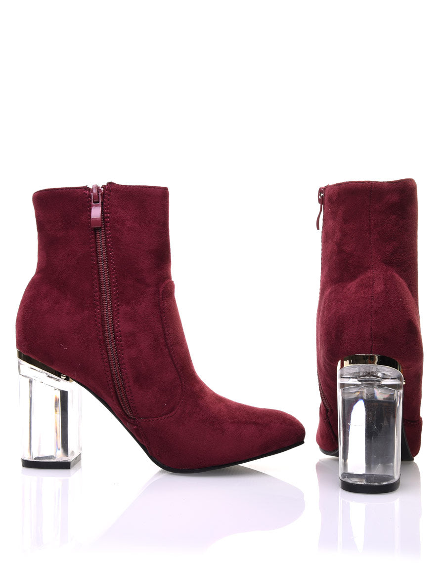 Bottines bordeaux suédine à talons transparents