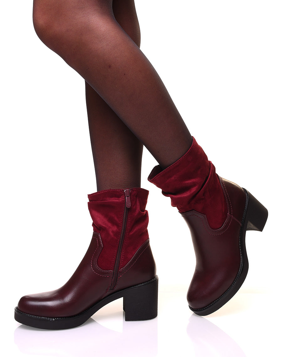 Bottines bordeaux à talon bi-matière
