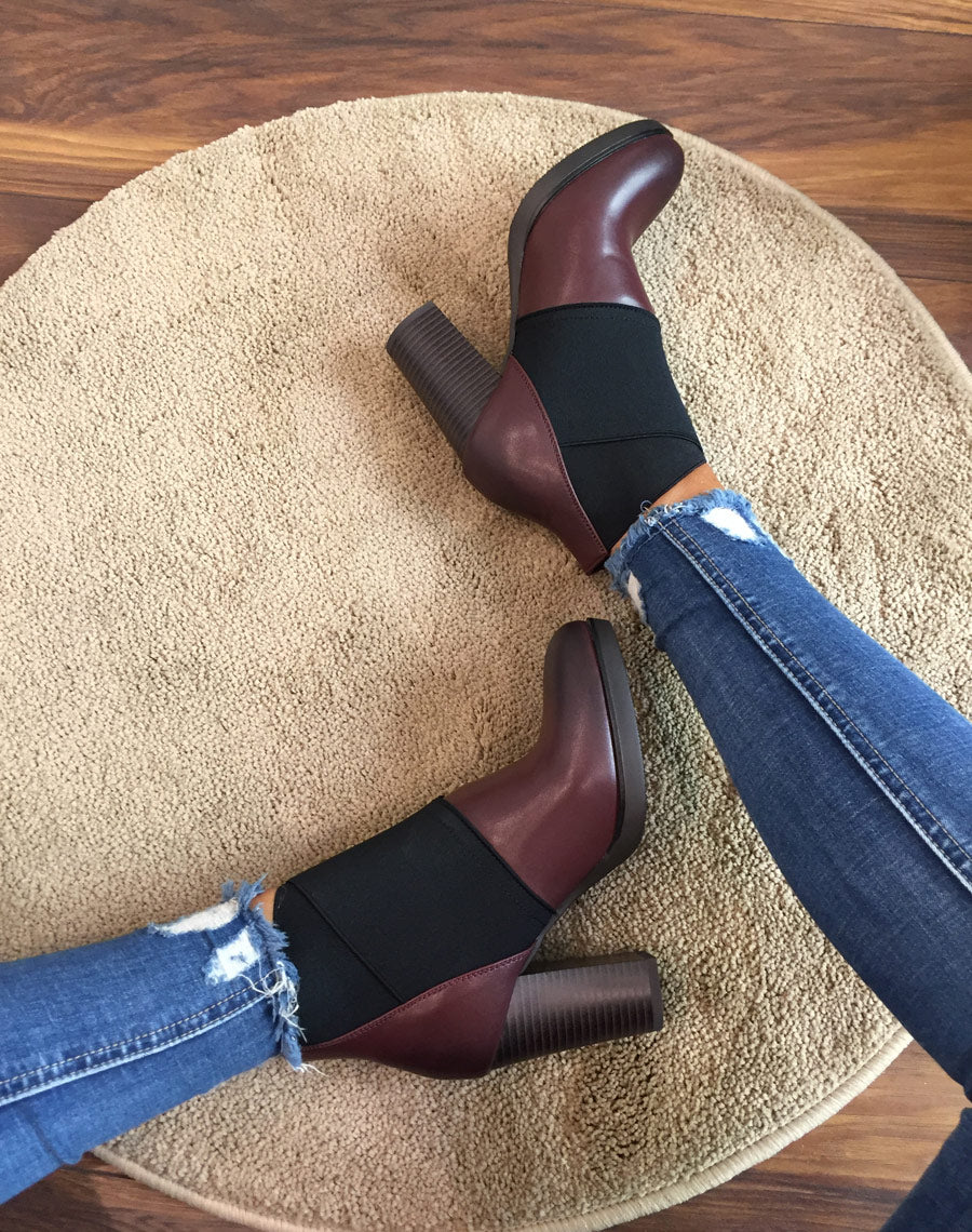 Bottines bordeaux à talons bi matières